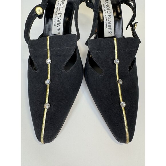 Vintage Manolo Blahnik Size 37 6 Heels Slingback Pointy Black Gold Fabric - Picture 11 of 16